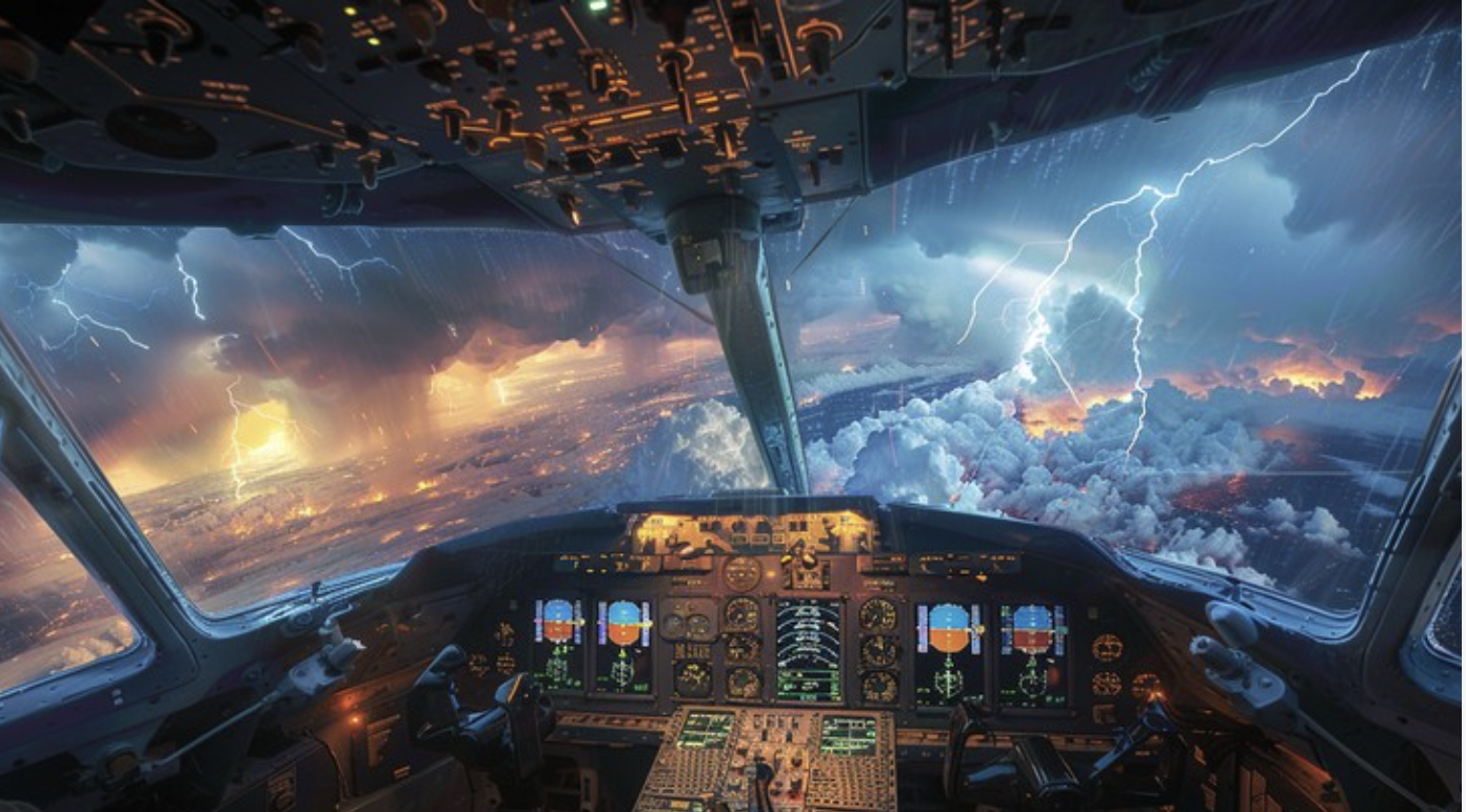 View from an airliner cockpit flying at night through a lightning storm, with the instrument panel glowing and heavy clouds outside the windscreen.