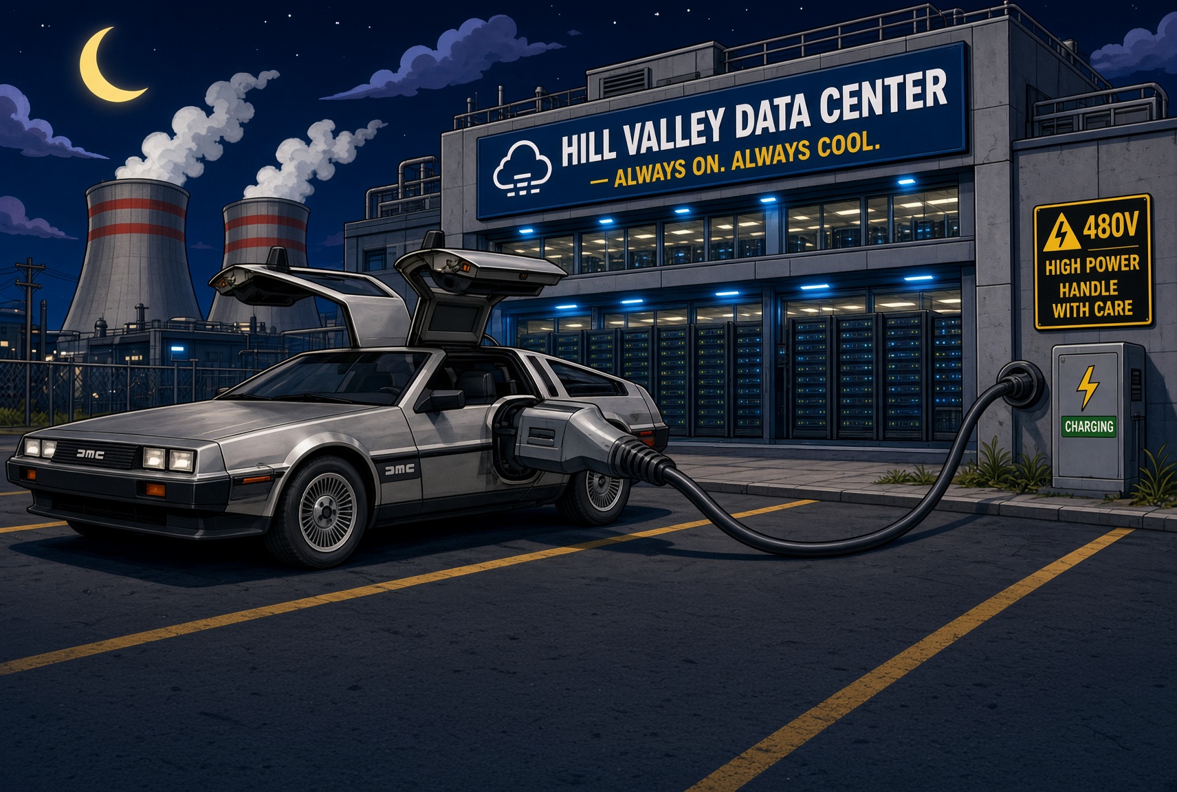 A DeLorean plugged into a charging post outside the Hill Valley Data Center at night, cooling towers behind it.