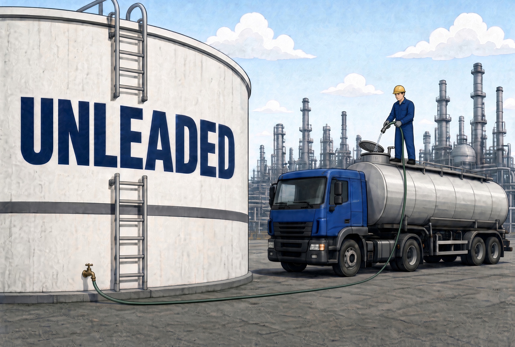 A worker fills a tanker truck through a garden hose running from the spigot of a giant UNLEADED storage tank, with a refinery behind.