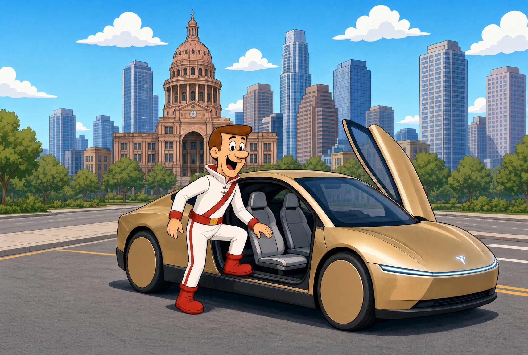 Cartoon of a space-age commuter stepping into a gold driverless car in front of the Texas Capitol and downtown Austin.